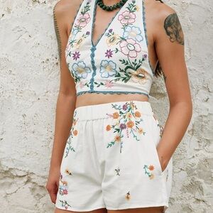 Free People - Floral Embroidered White Shorts set nwt medium Lucy Mae